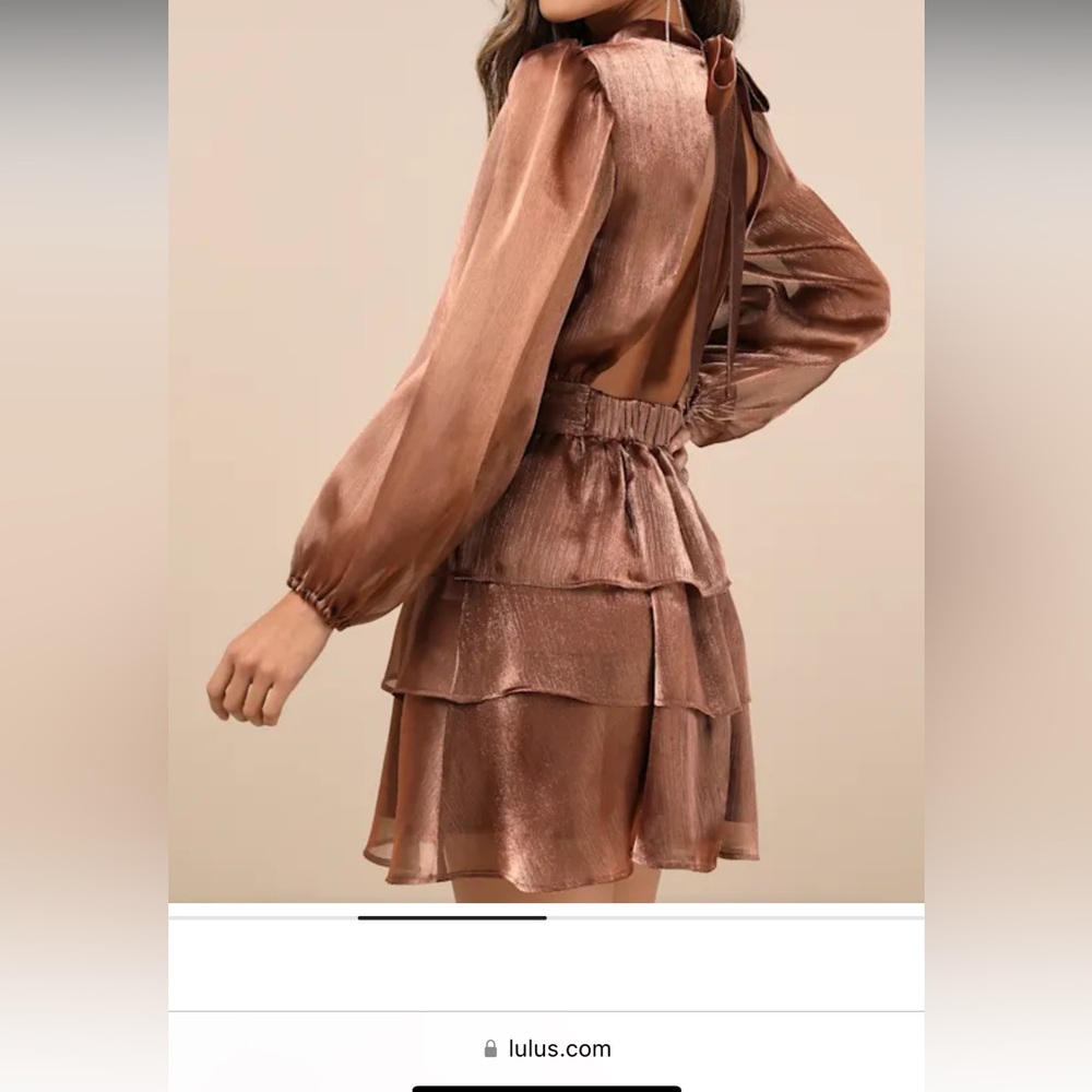 Lulu's Bronze Metallic backless tiered mini dress - Picture 2 of 5